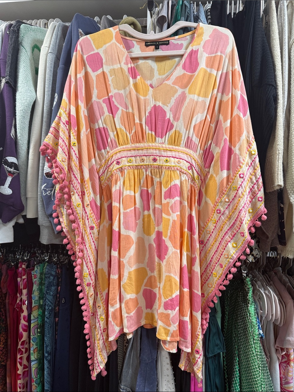 Boho Pom-Pom Kaftan Coverup in Pink & Peach